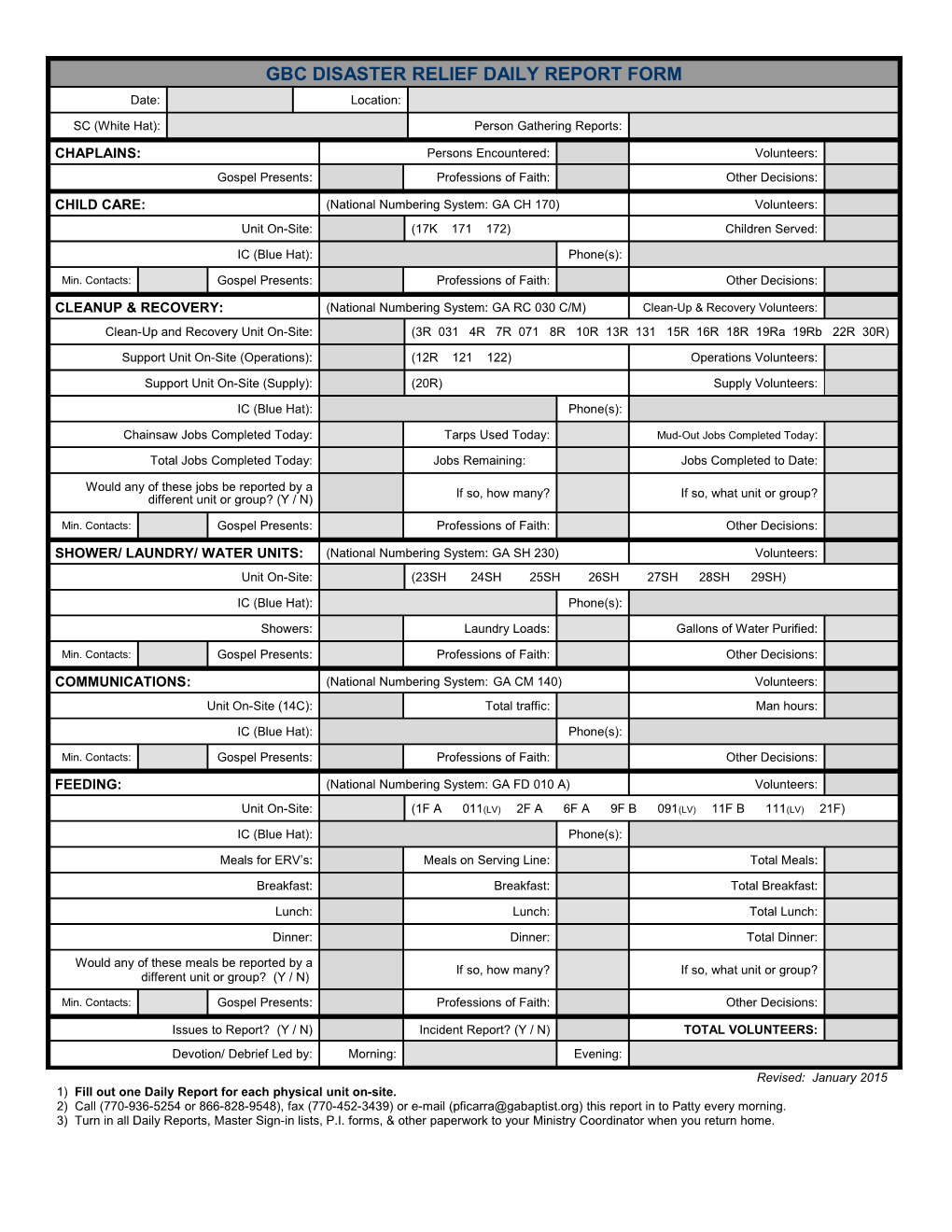 Georgia Baptist Disaster Relief Report for Dr # _____