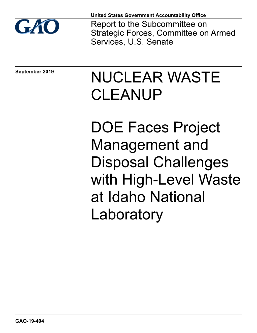 DOE Faces Project Management and Disposal Challenges with High-Level Waste at Idaho National Laboratory