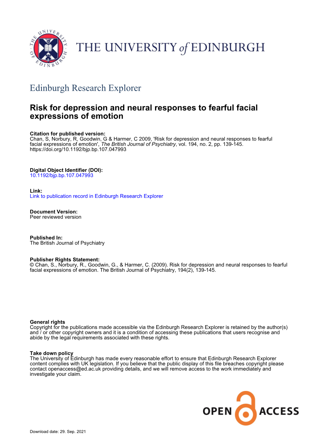 Risk for Depression and Neural Responses to Fearful Facial Expressions of Emotion