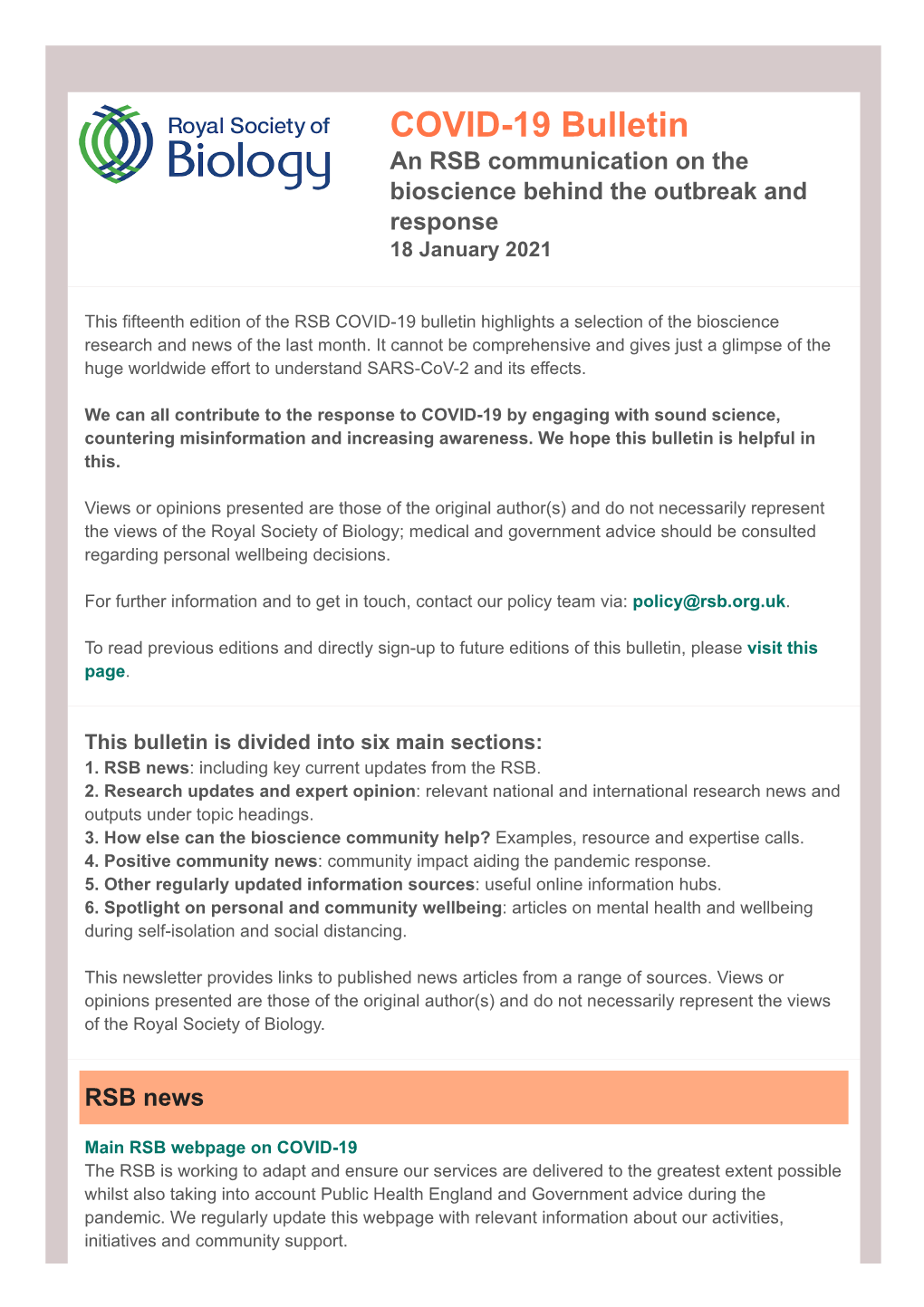 COVID-19 Bulletin an RSB Communication on the Bioscience Behind the Outbreak and Response 18 January 2021