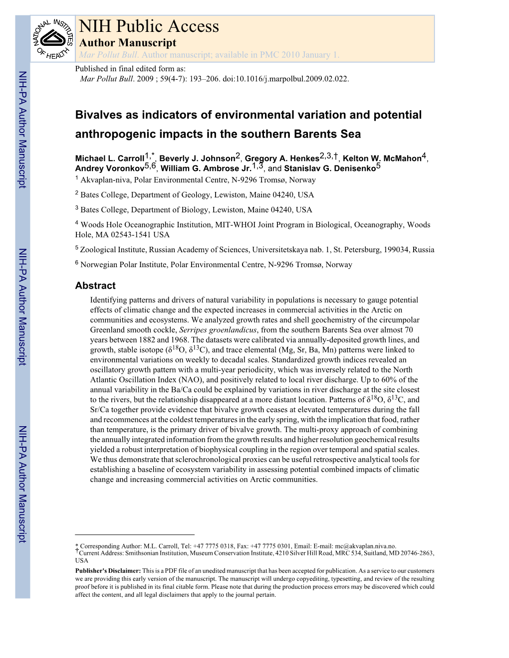 Bivalves As Indicators of Environmental Variation and Potential Anthropogenic Impacts in the Southern Barents Sea