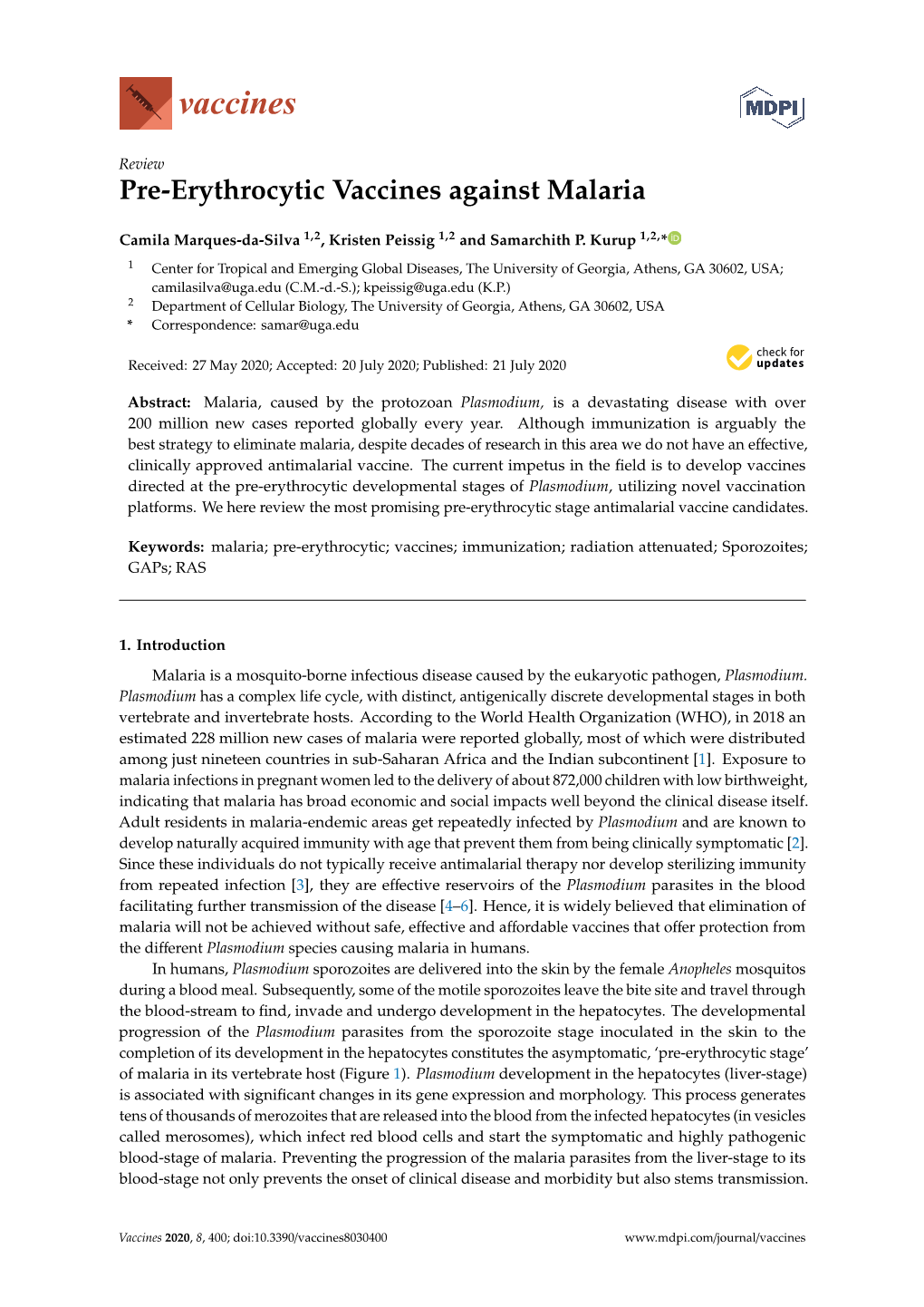 Pre-Erythrocytic Vaccines Against Malaria