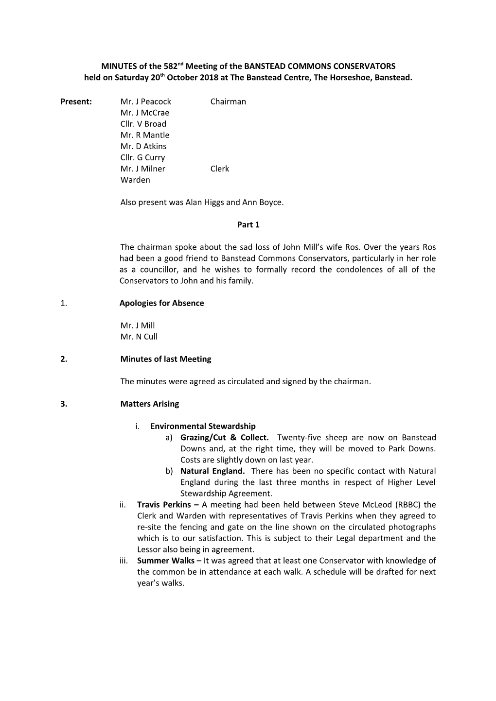 MINUTES of the 582Nd Meeting of the BANSTEAD COMMONS CONSERVATORS Held on Saturday 20Th October 2018 at the Banstead Centre, the Horseshoe, Banstead