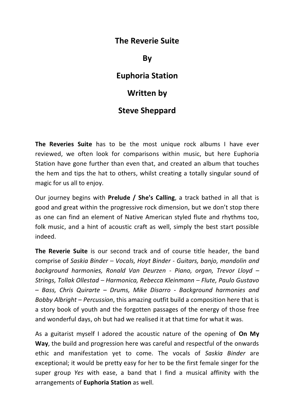 The Reverie Suite by Euphoria Station Written by Steve Sheppard