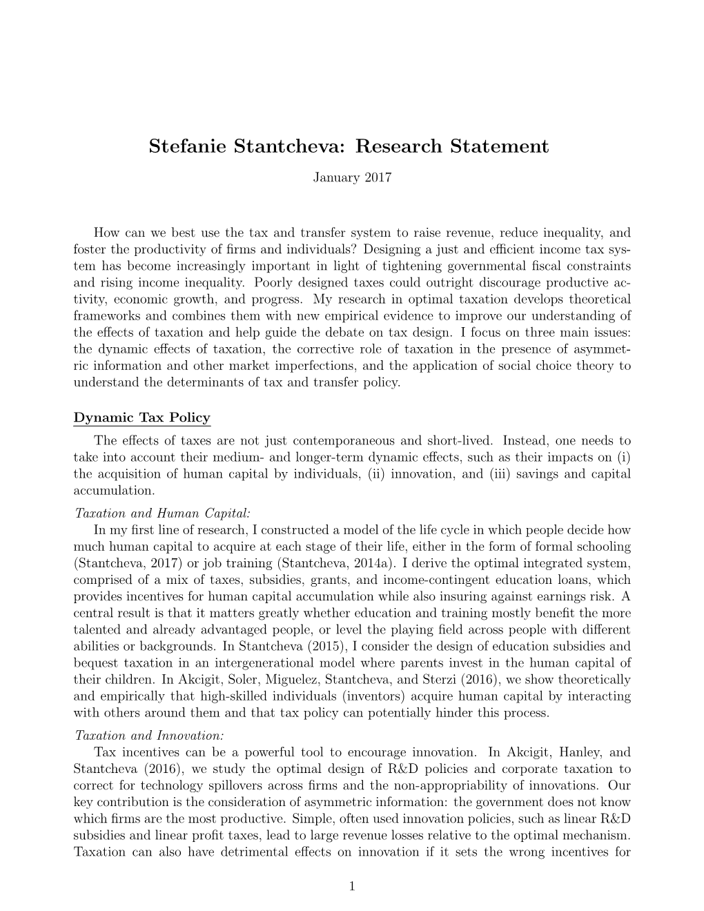 Stefanie Stantcheva: Research Statement