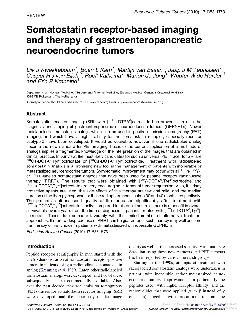 Somatostatin Receptor-Based Imaging and Therapy of Gastroenteropancreatic Neuroendocrine Tumors