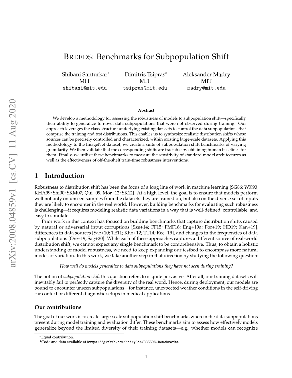 BREEDS: Benchmarks for Subpopulation Shift