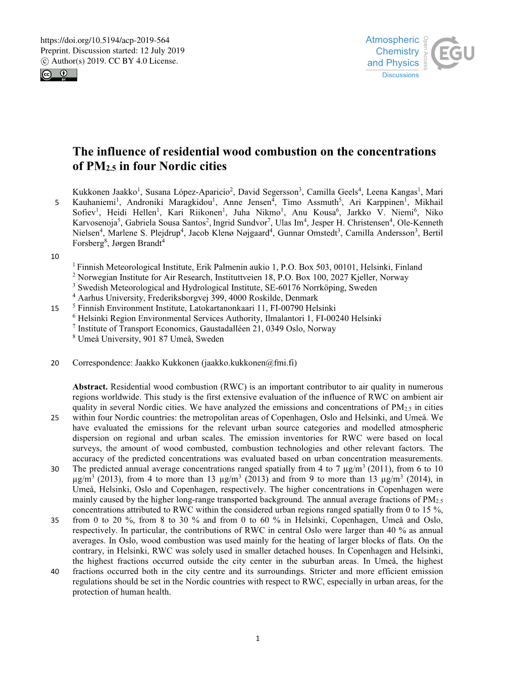 The Influence of Residential Wood Combustion on the Concentrations of PM2.5 in Four Nordic Cities