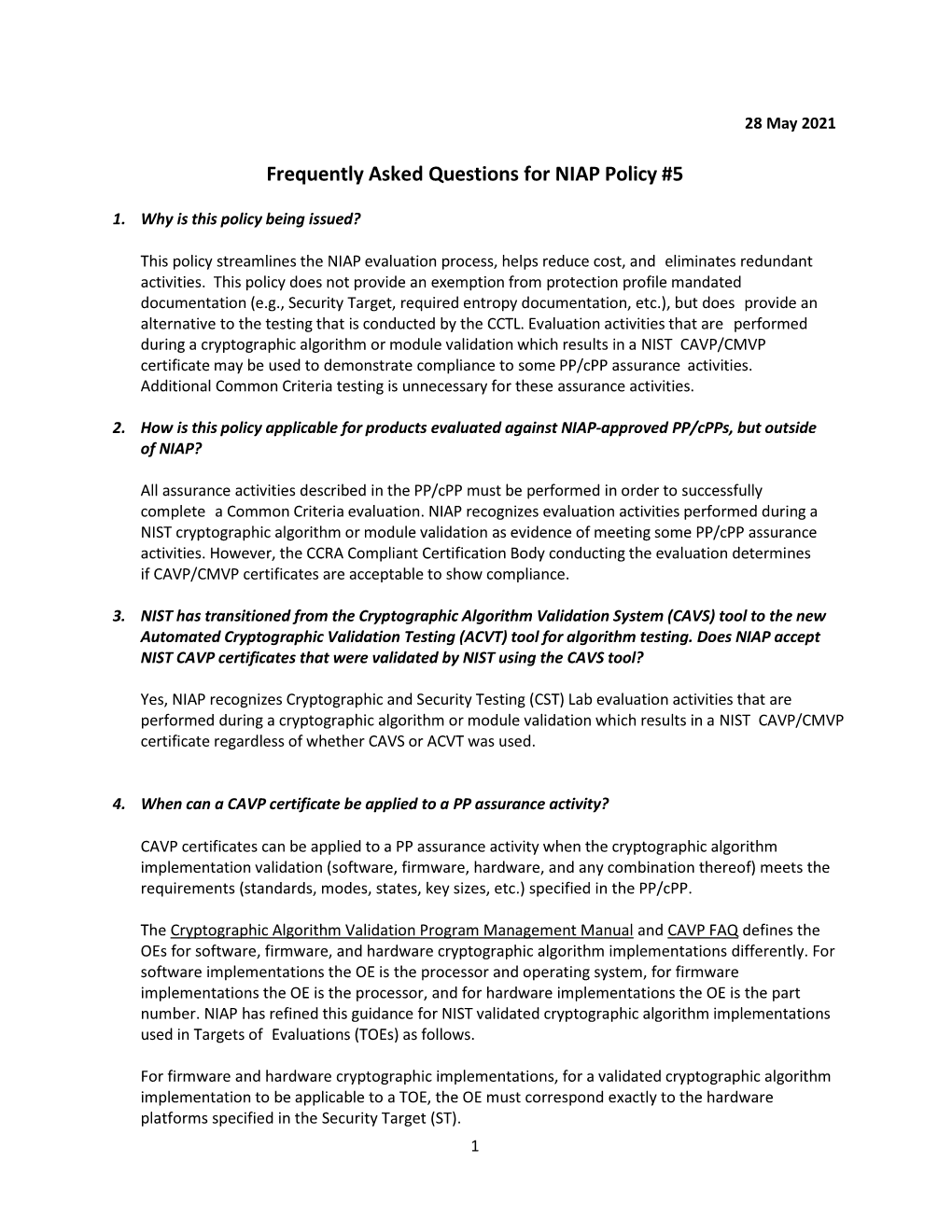 Frequently Asked Questions for NIAP Policy #5