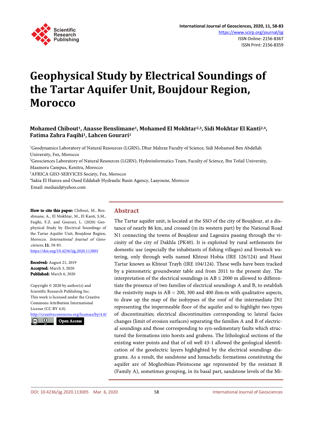 Geophysical Study by Electrical Soundings of the Tartar Aquifer Unit, Boujdour Region, Morocco