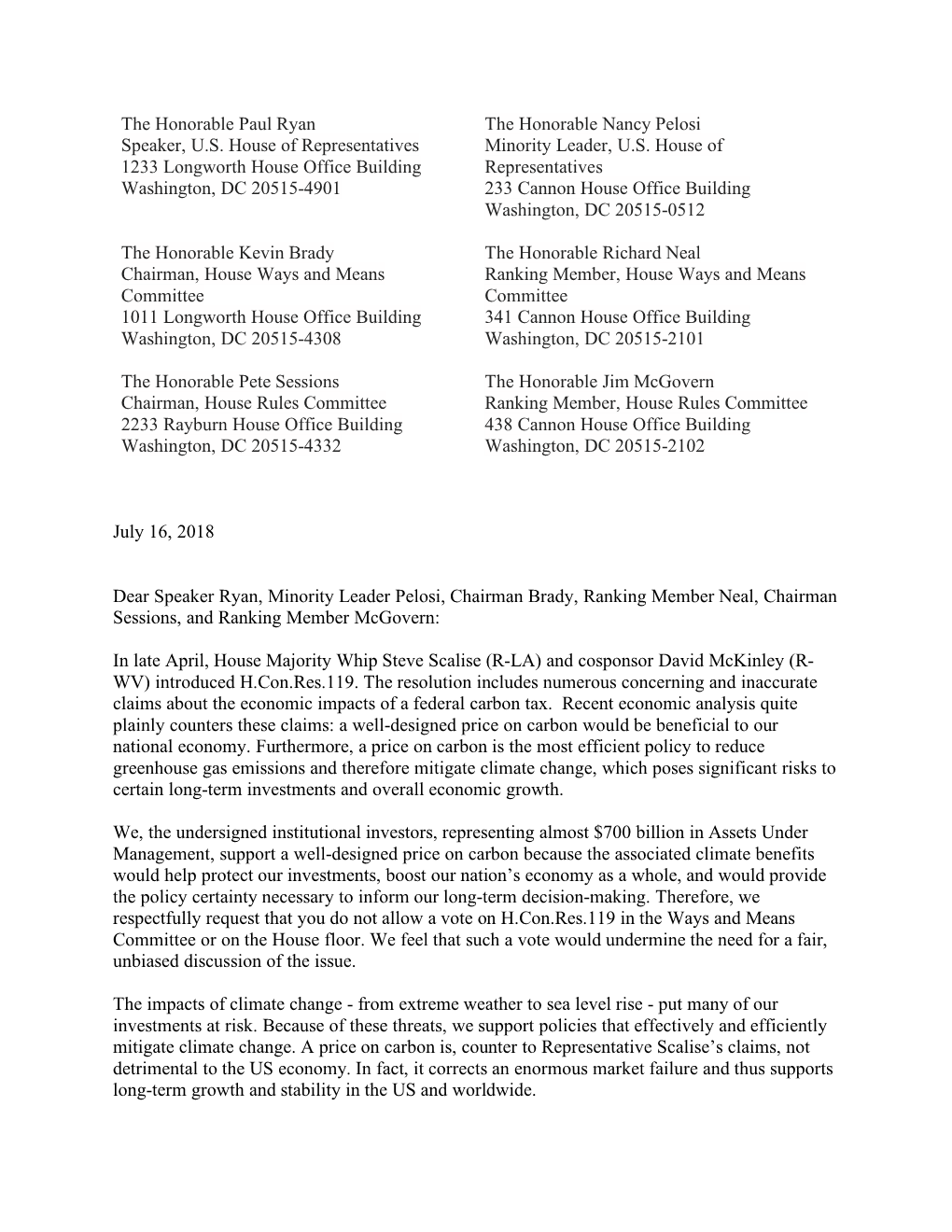Investor Letter on Scalise Carbon Tax Resolution