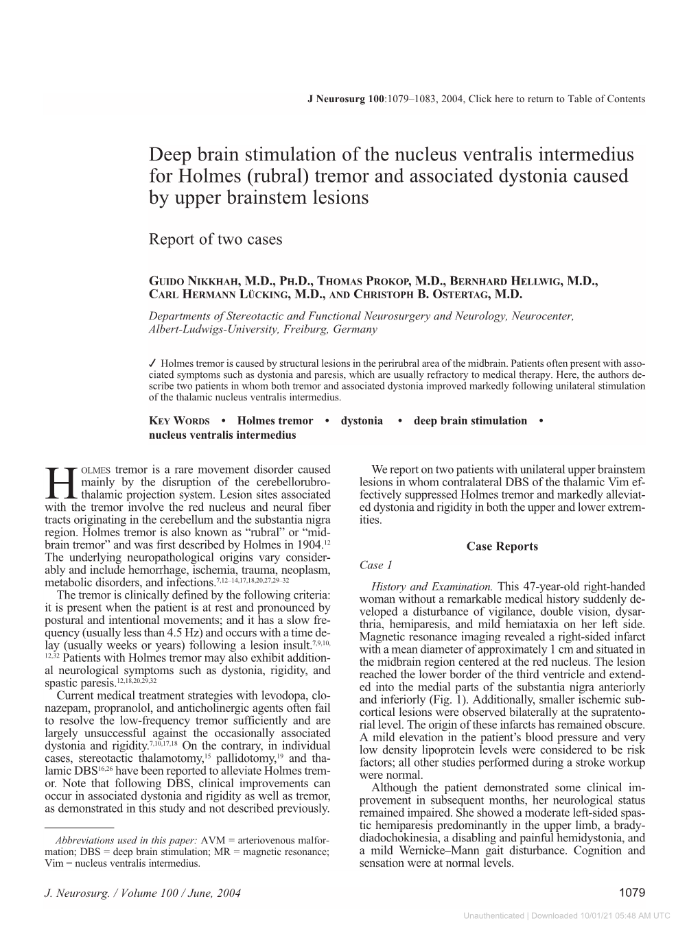 Deep Brain Stimulation of the Nucleus Ventralis Intermedius for Holmes (Rubral) Tremor and Associated Dystonia Caused by Upper Brainstem Lesions