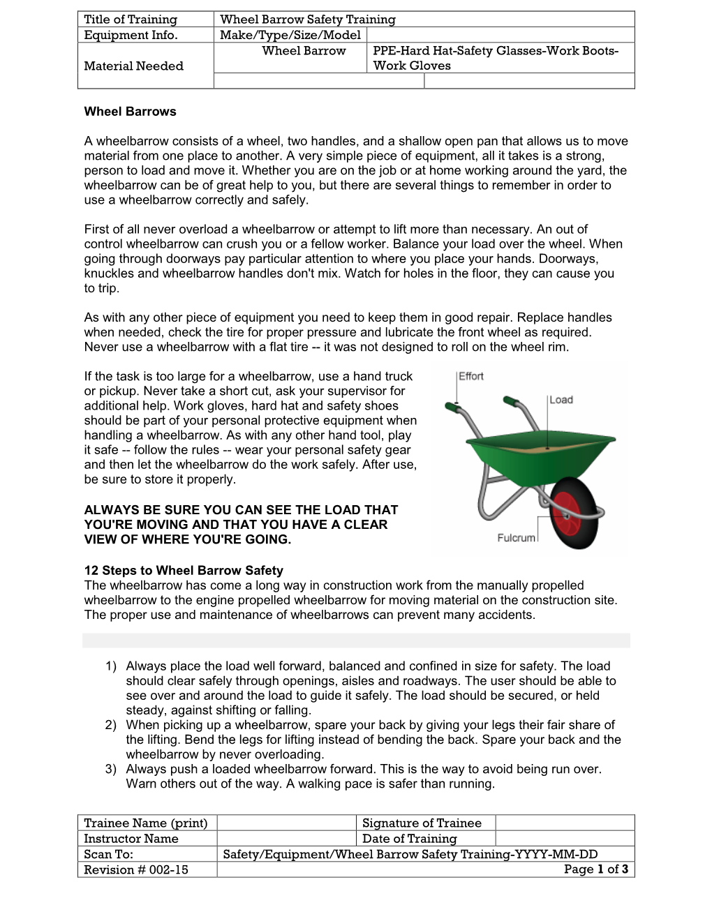 Wheel Barrow Safety Training Equipment Info