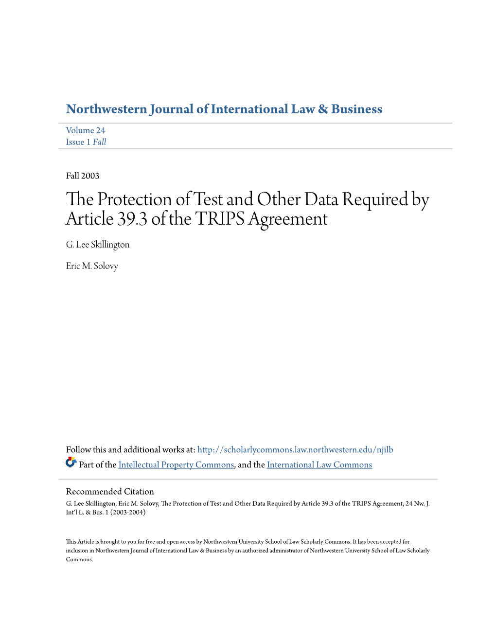 The Protection of Test and Other Data Required by Article 39.3 of the TRIPS Agreement