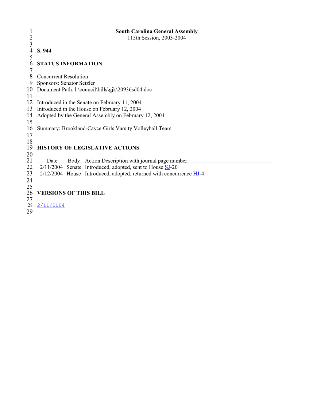 2003-2004 Bill 944: Brookland-Cayce Girls Varsity Volleyball Team - South Carolina Legislature