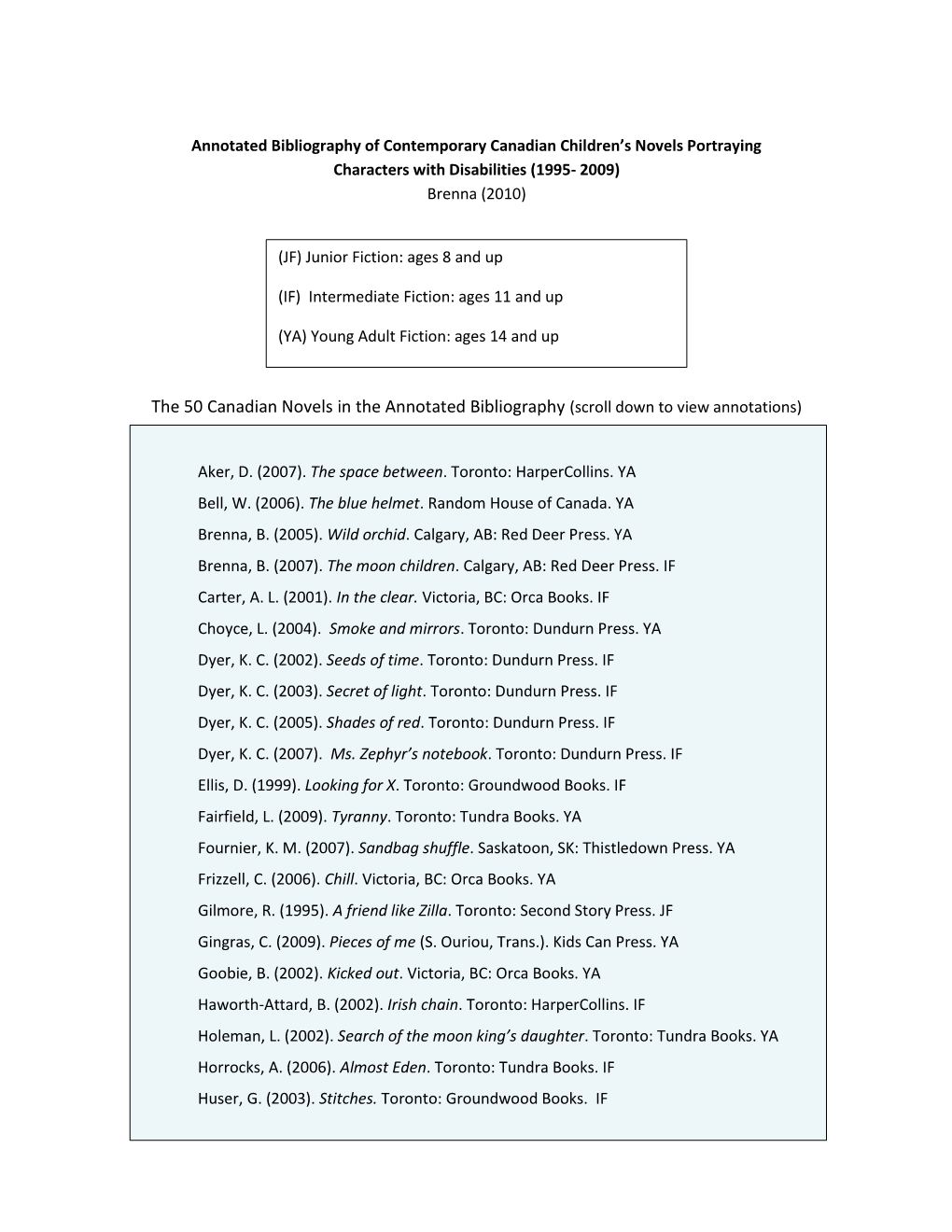 The 50 Canadian Novels in the Annotated Bibliography (Scroll Down to View Annotations)