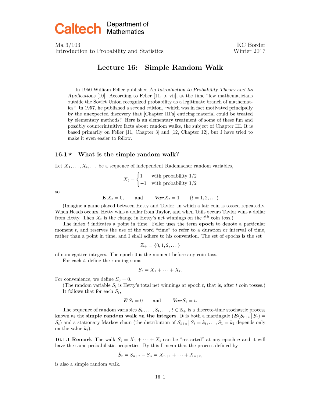 Lecture 16: Simple Random Walk