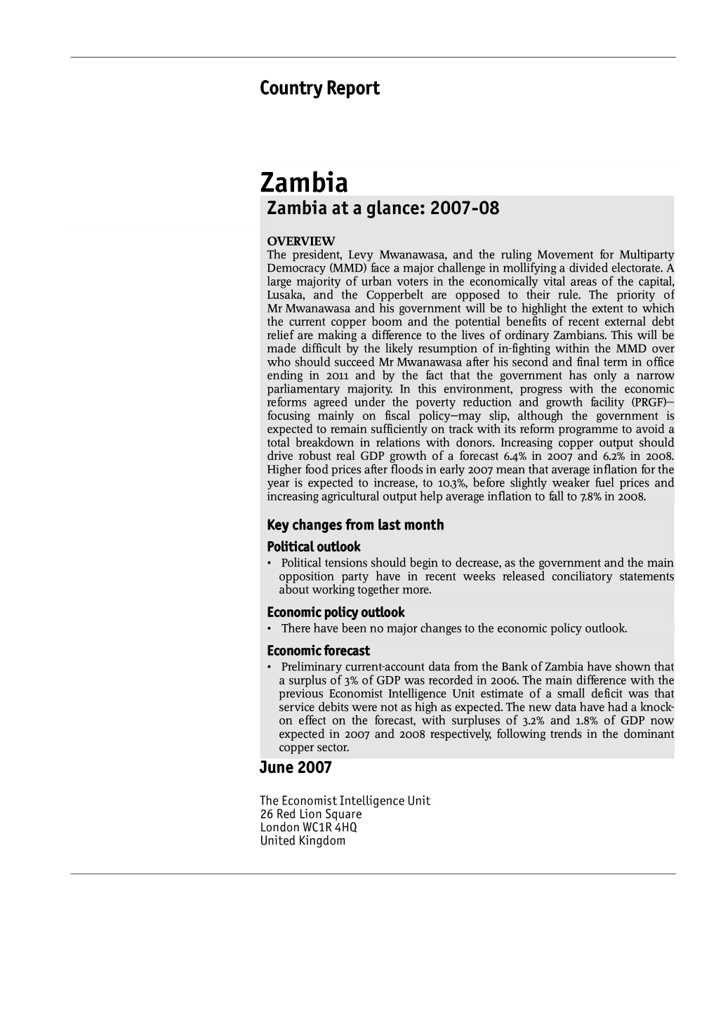 Zambia Zambia at a Glance: 2007-08