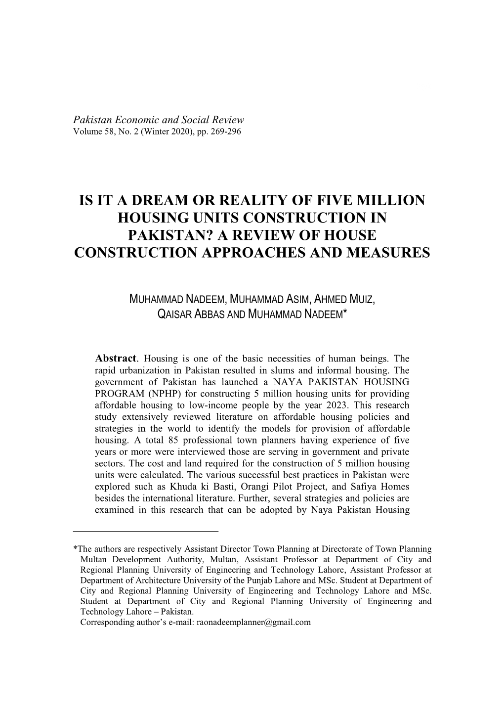 Is It a Dream Or Reality of Five Million Housing Units Construction in Pakistan? a Review of House Construction Approaches and Measures