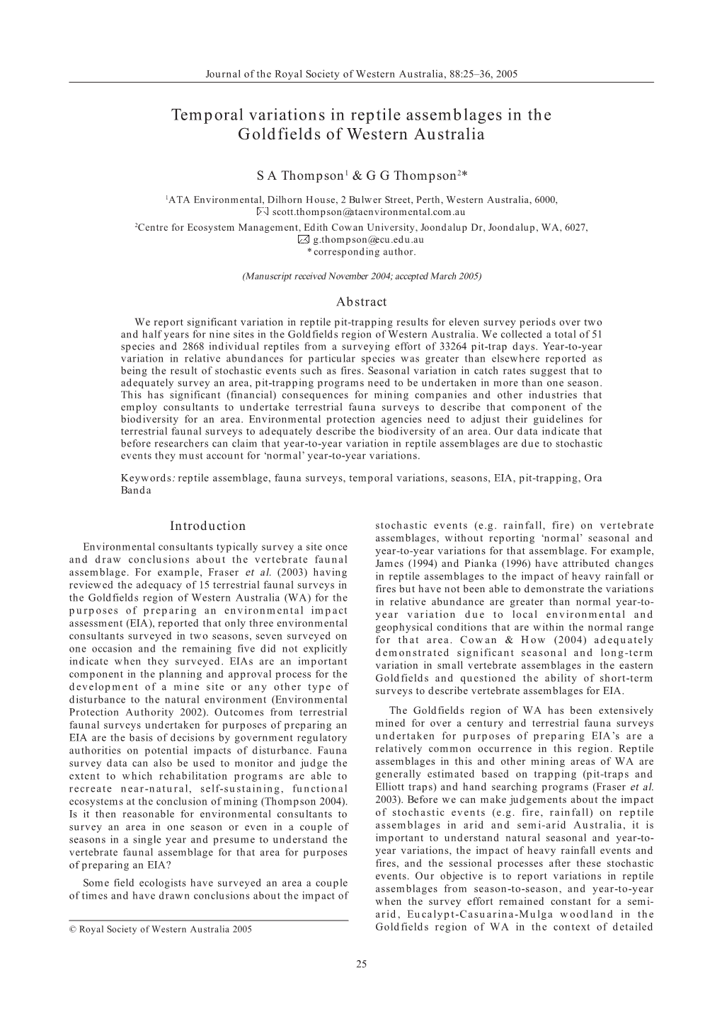 Temporal Variations in Reptile Assemblages in the Goldfields of Western Australia