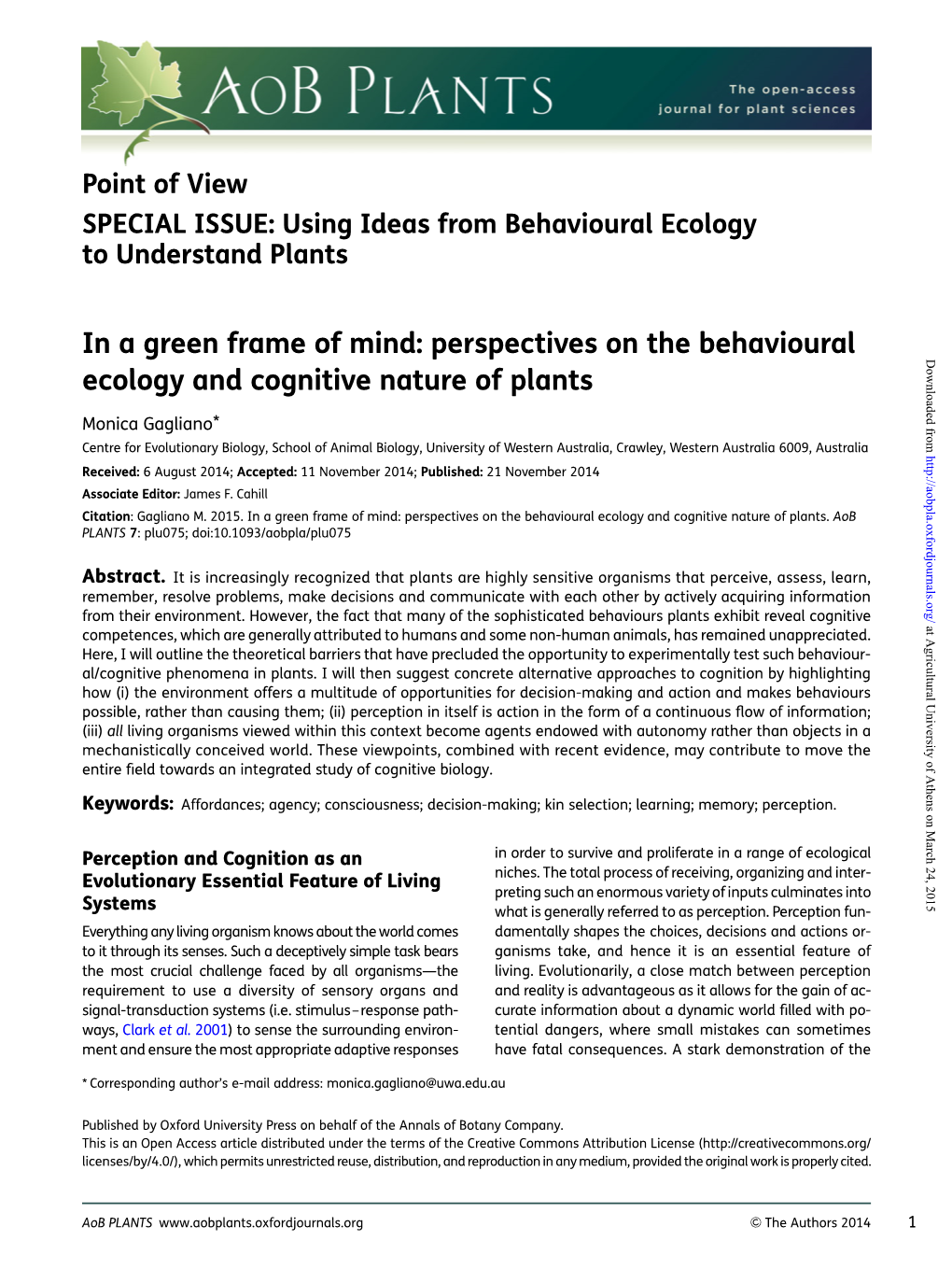 In a Green Frame of Mind: Perspectives on the Behavioural Downloaded from Ecology and Cognitive Nature of Plants