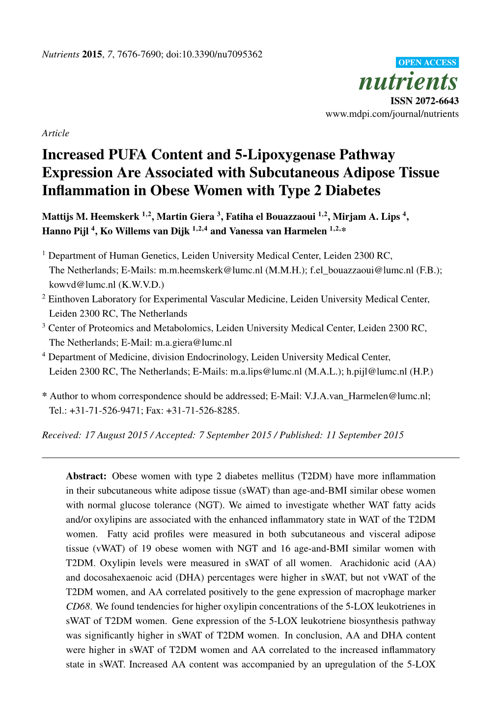 Increased PUFA Content and 5-Lipoxygenase Pathway Expression Are Associated with Subcutaneous Adipose Tissue Inﬂammation in Obese Women with Type 2 Diabetes