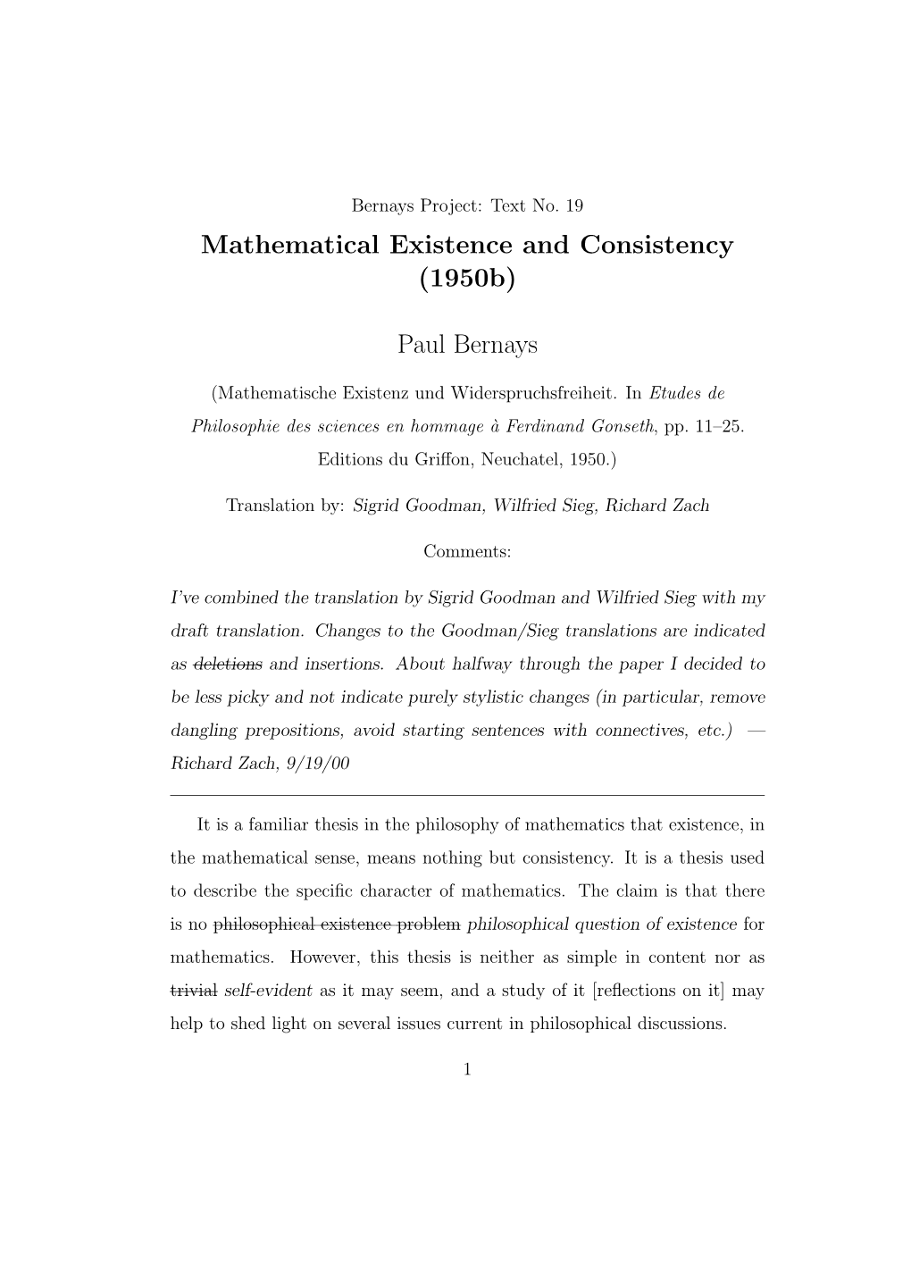 Mathematical Existence and Consistency (1950B)