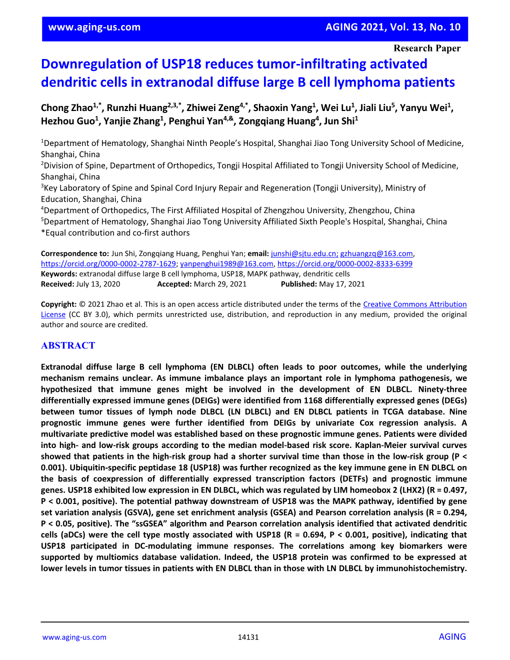 Downregulation of USP18 Reduces Tumor-Infiltrating Activated Dendritic Cells in Extranodal Diffuse Large B Cell Lymphoma Patients