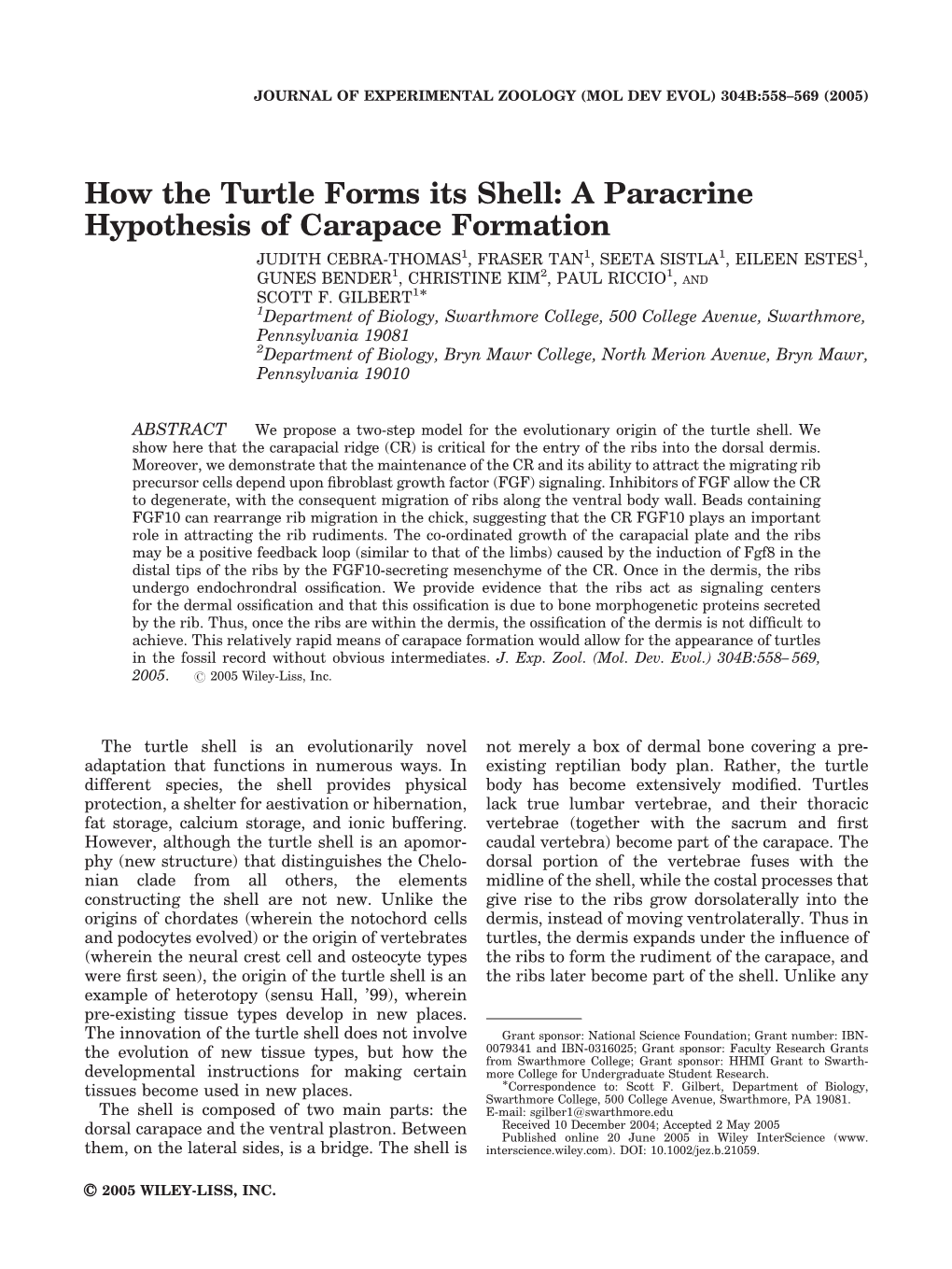 How the Turtle Forms Its Shell: a Paracrine Hypothesis of Carapace