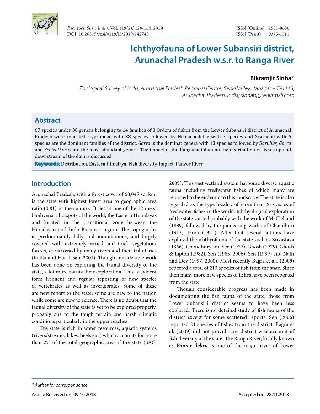 Ichthyofauna of Lower Subansiri District, Arunachal Pradesh W.S.R. to Ranga River