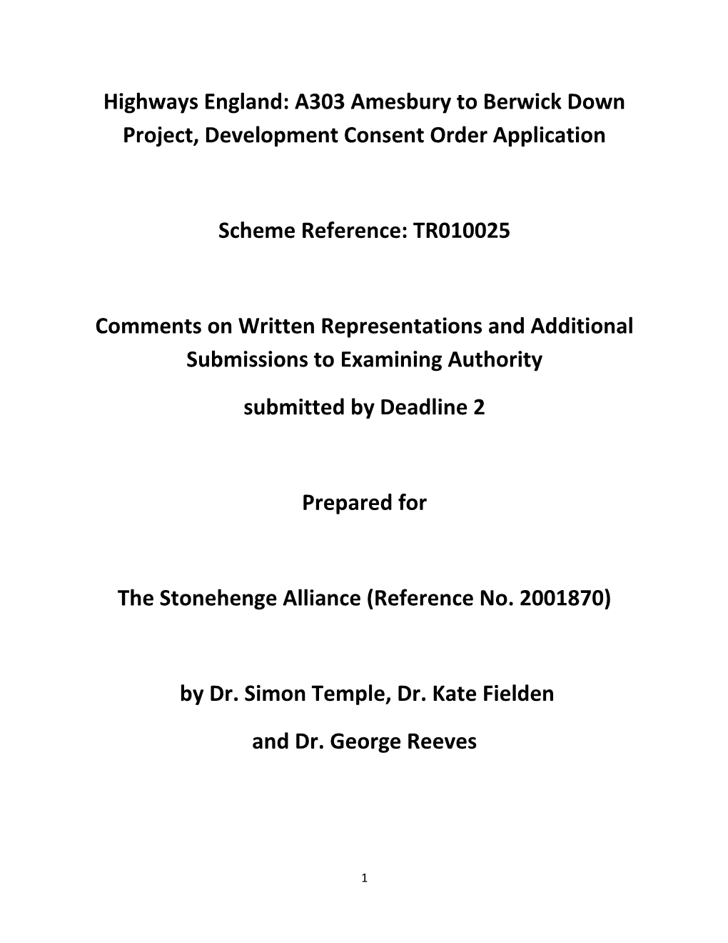 Highways England: A303 Amesbury to Berwick Down Project, Development Consent Order Application