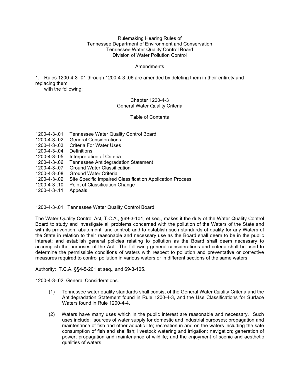 Rulemaking Hearing Rules of Tennessee Department of Environment and Conservation Tennessee Water Quality Control Board Division of Water Pollution Control