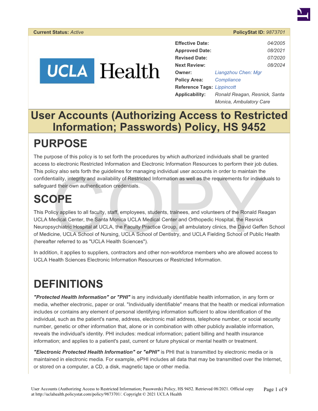 HS 9452 User Accounts (Authorizing Access to Restricted Information