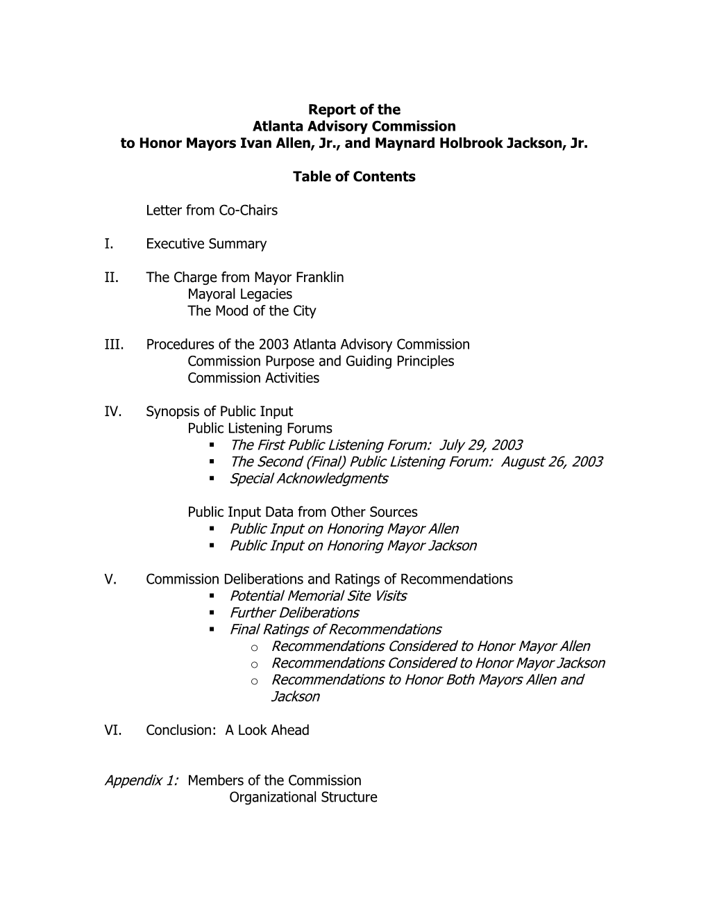 Report of the Atlanta Advisory Commission to Honor Mayors Ivan Allen, Jr., and Maynard Holbrook Jackson, Jr