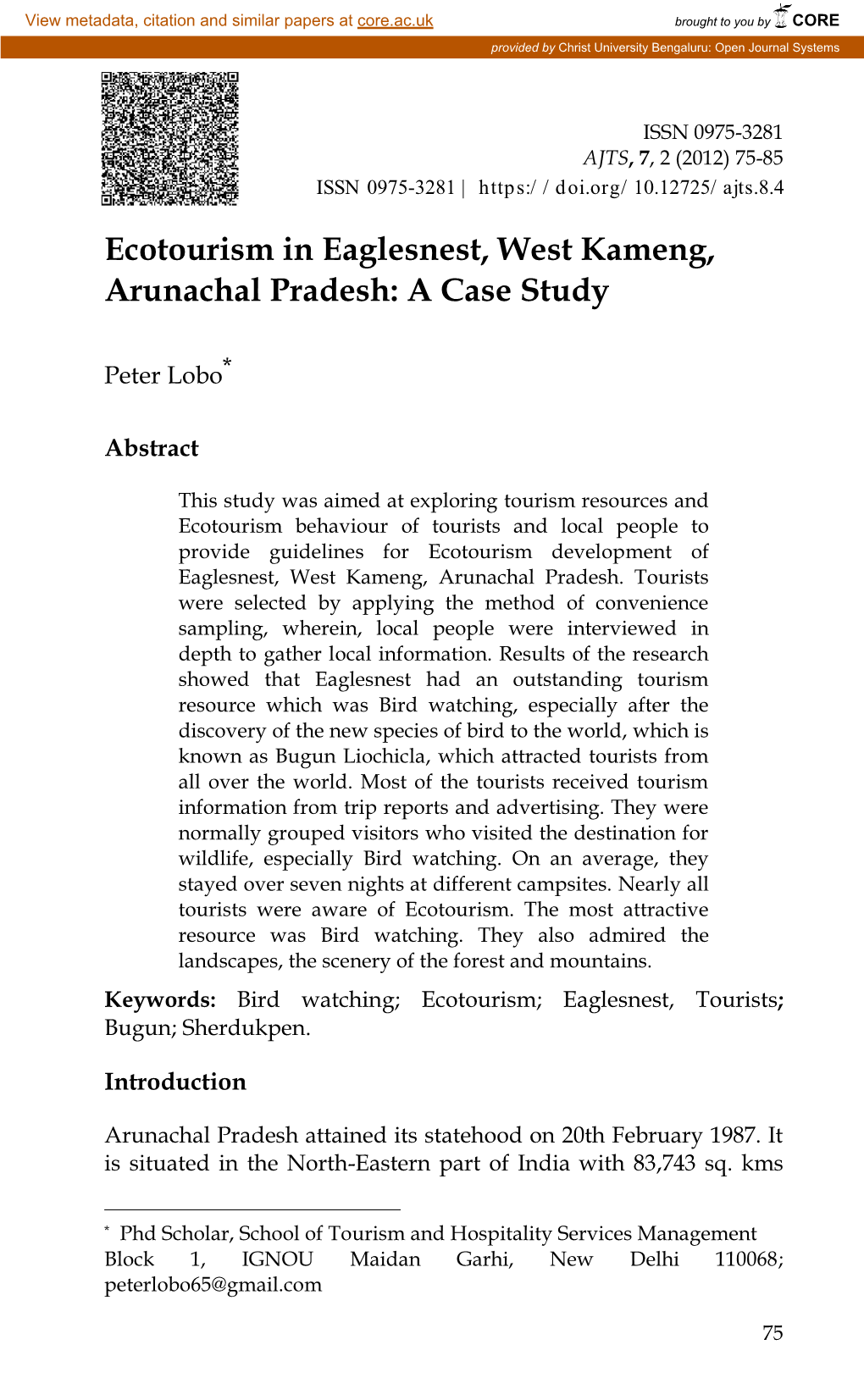 Ecotourism in Eaglesnest, West Kameng, Arunachal Pradesh: a Case Study