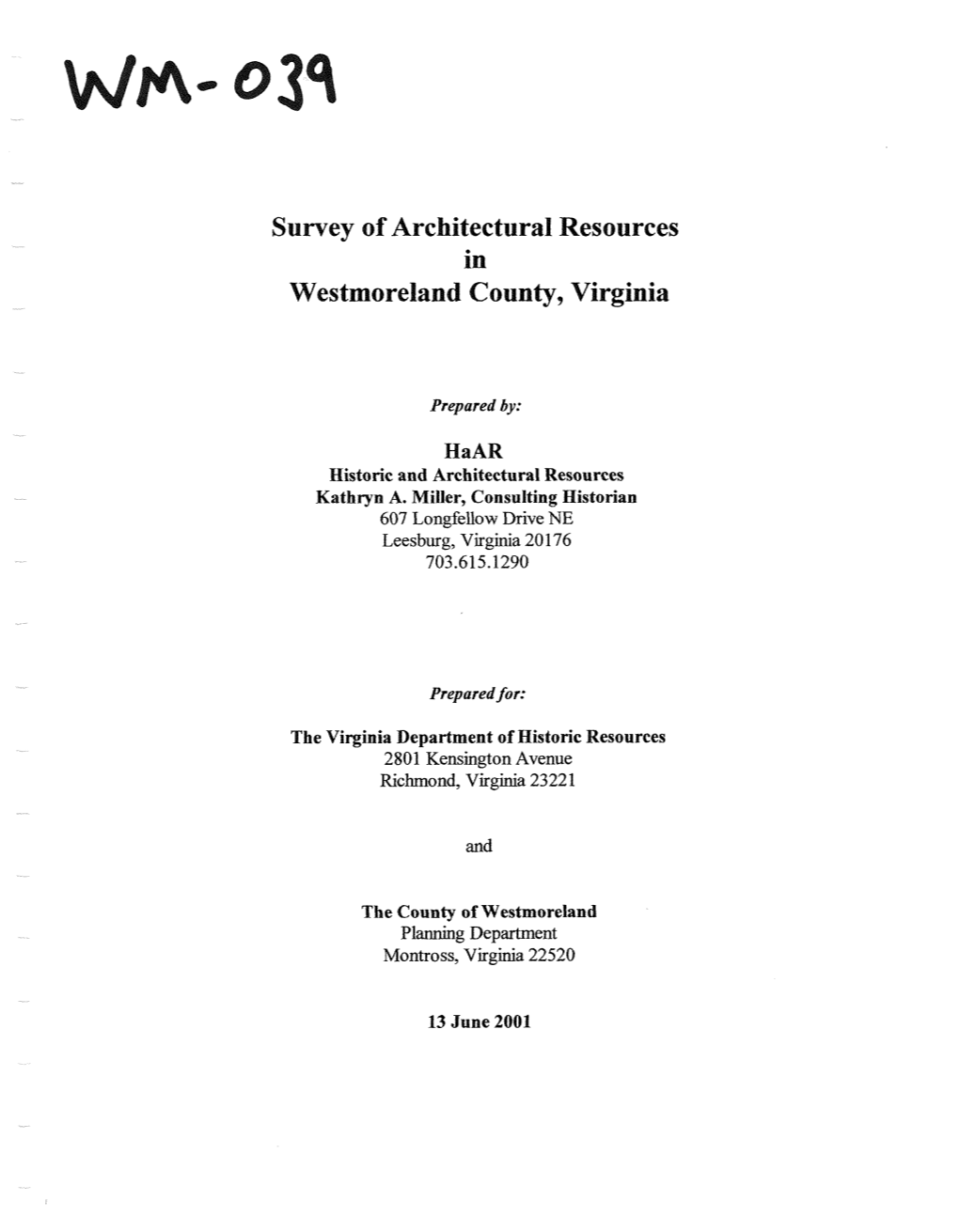 Survey of Architectural Resources in Westmoreland County, Virginia