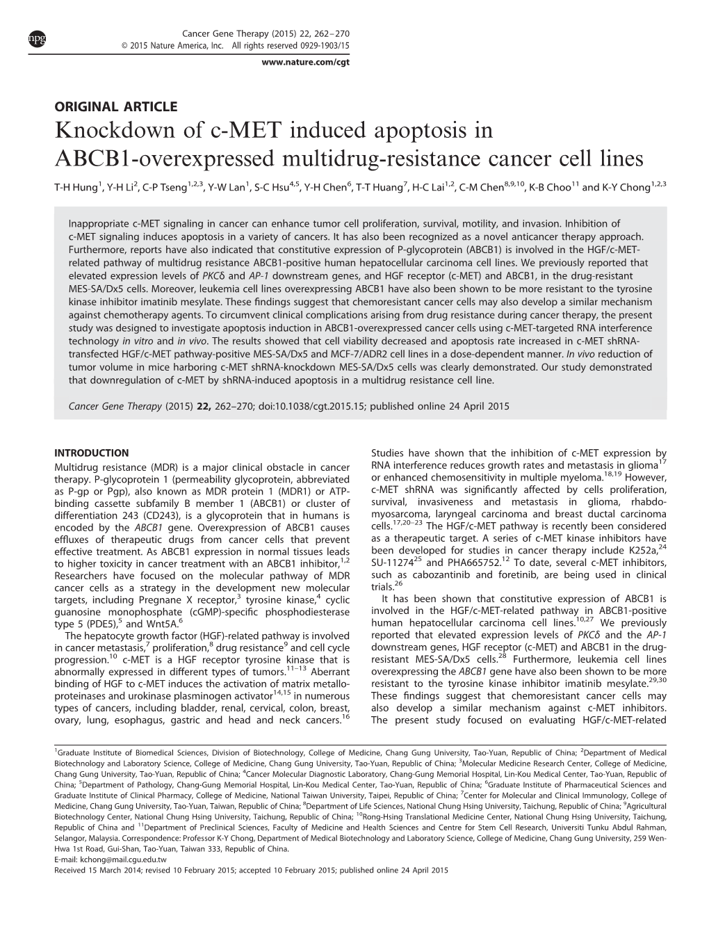 Knockdown of C-MET Induced Apoptosis in ABCB1-Overexpressed Multidrug-Resistance Cancer Cell Lines