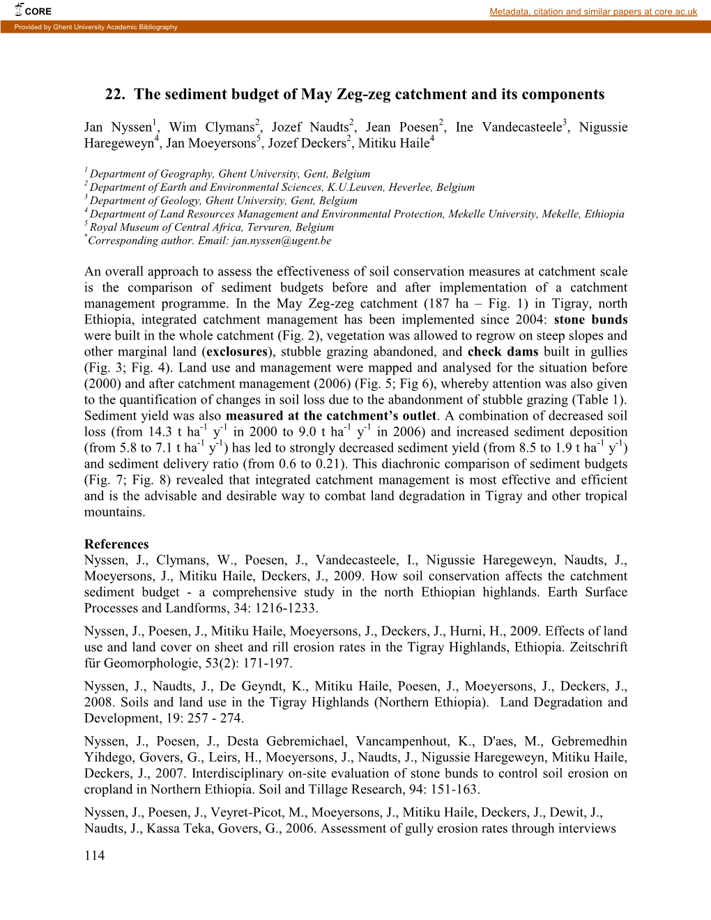 22. the Sediment Budget of May Zeg-Zeg Catchment and Its Components