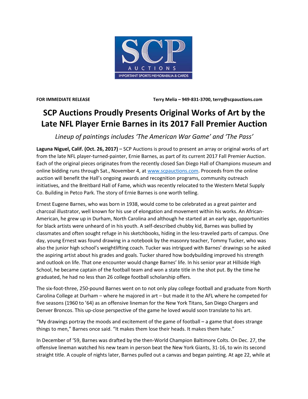 SCP Auctions Presents Original Works of Art by Late NFL Player Ernie