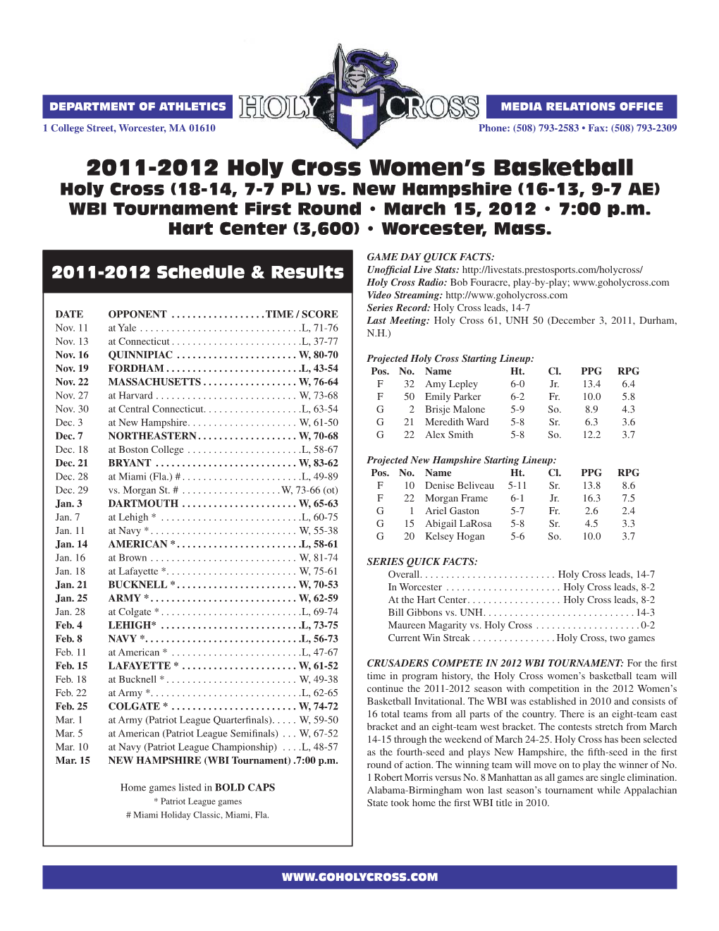 2011-2012 Holy Cross Women's Basketball Holy Cross Combined Team Statistics (As of Mar 13, 2012) All Games