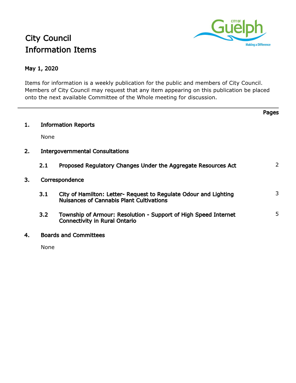 Items for Information Is a Weekly Publication for the Public and Members of City Council
