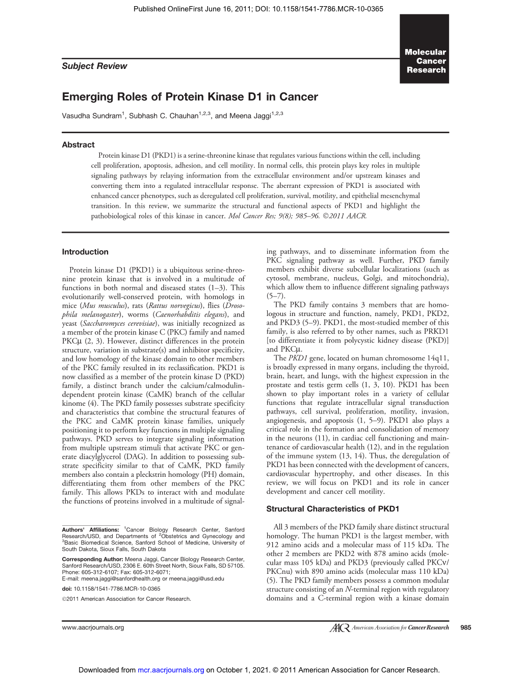 Emerging Roles of Protein Kinase D1 in Cancer