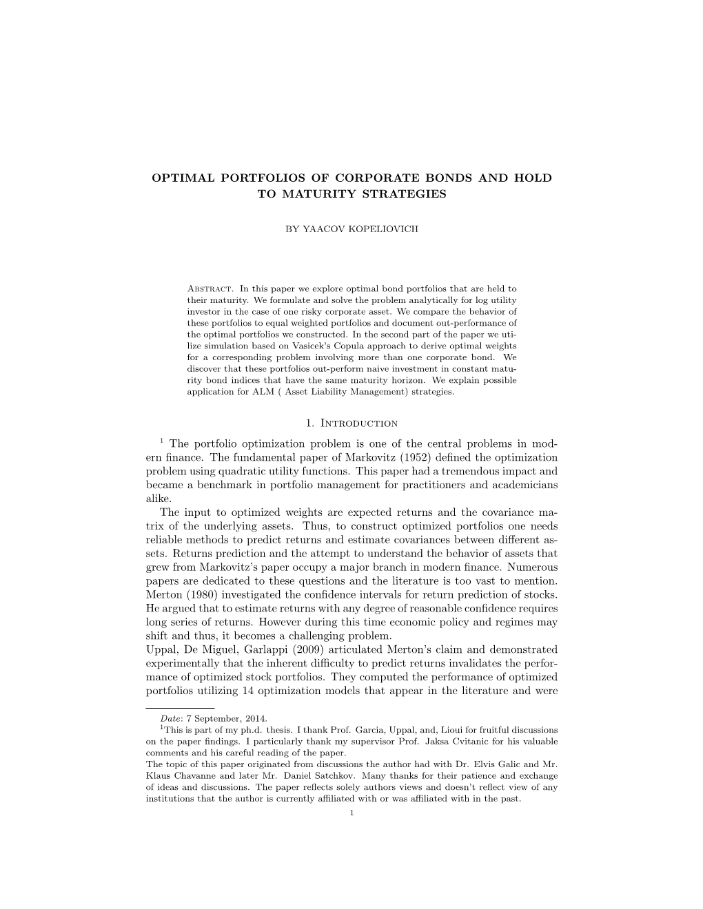 Optimal Portfolios of Corporate Bonds and Hold to Maturity Strategies