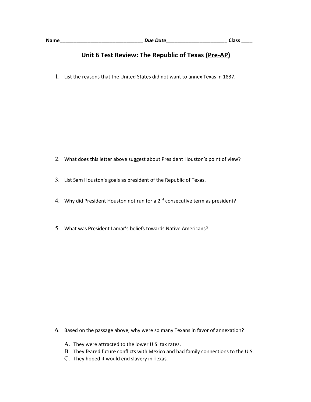 Unit 6 Test Review: the Republic of Texas (Pre-AP)