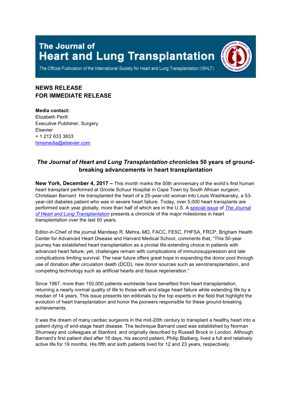 NEWS RELEASE for IMMEDIATE RELEASE the Journal of Heart And