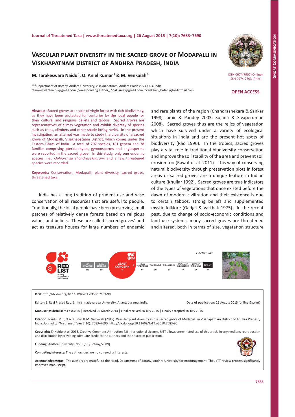 Vascular Plant Diversity in the Sacred Grove of Modapalli in Viskhapatnam District of Andhra Pradesh, India