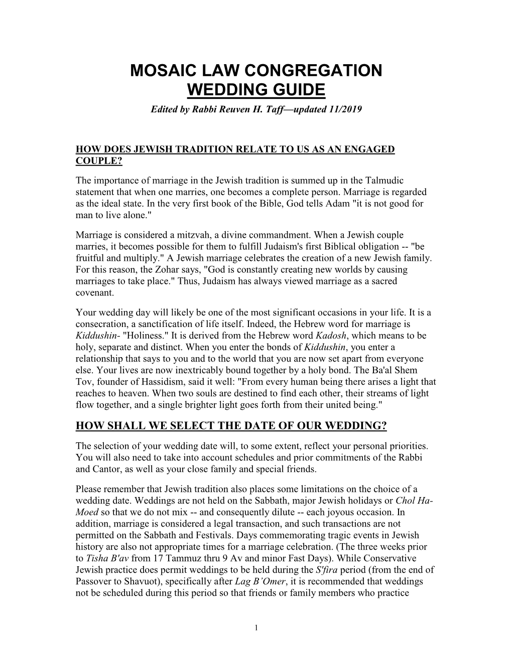 MOSAIC LAW CONGREGATION WEDDING GUIDE Edited by Rabbi Reuven H