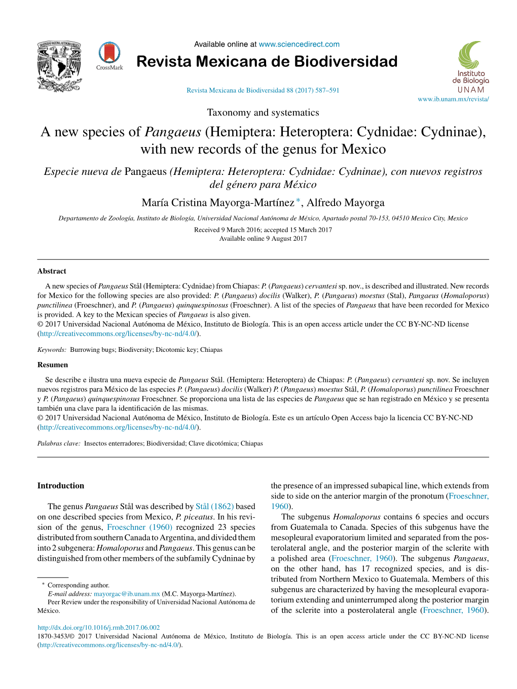 A New Species of Pangaeus (Hemiptera: Heteroptera: Cydnidae: Cydninae)