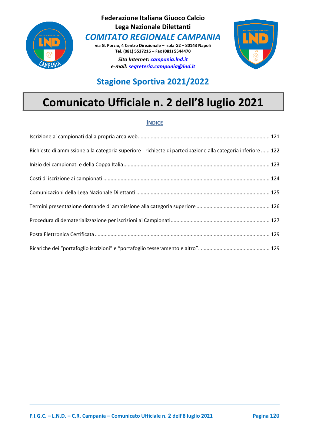 Comunicato Ufficiale N. 2 Dell'8 Luglio 2021