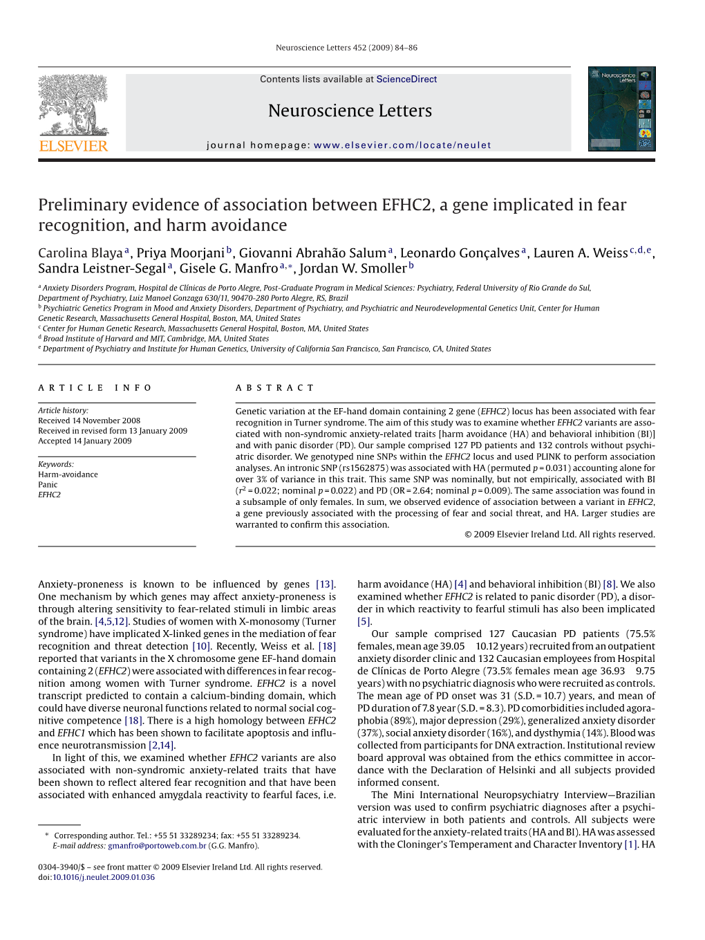 Neuroscience Letters Preliminary Evidence of Association Between